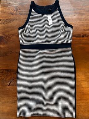 NWT Ann Taylor Dress Womens Size 14 Navy Striped Sleeveless Zip  Sheath